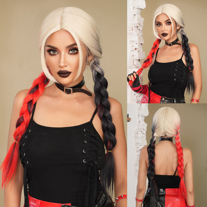 Red and black costume wig with pigtail braids, perfect for cosplay, Halloween, or drag queen looks inspired by the Crazy Bride character from Suicide Squad. Made with synthetic hair.