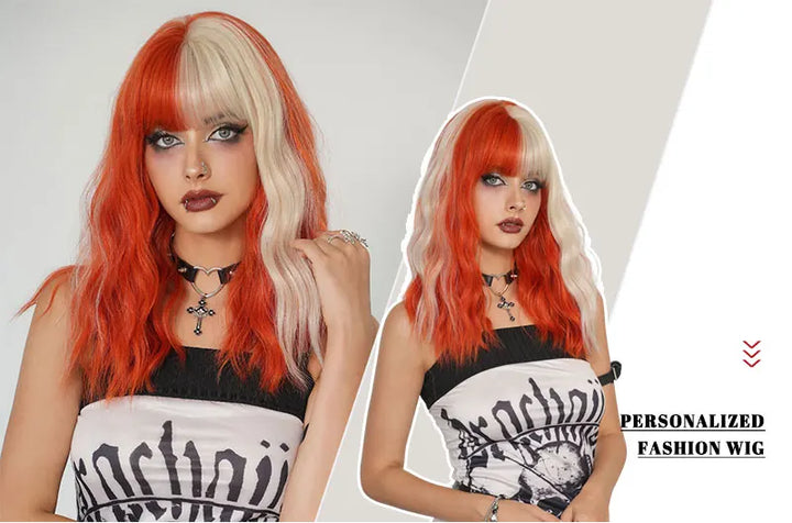 Blond orange synthetic hair shoulder-length wavy wig made from heat-resistant fiber. Perfect for cosplay.