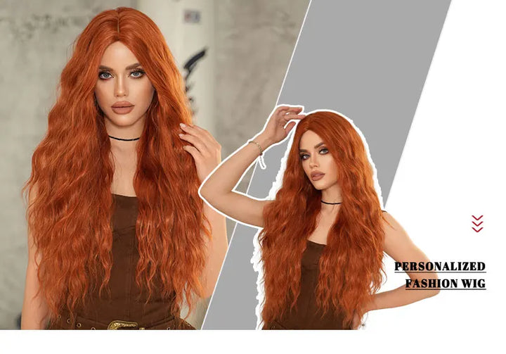 Copper Orange Synthetic Long Water Wave Wig for Women 28 Inch Middle Part Hair Wig Pelucas