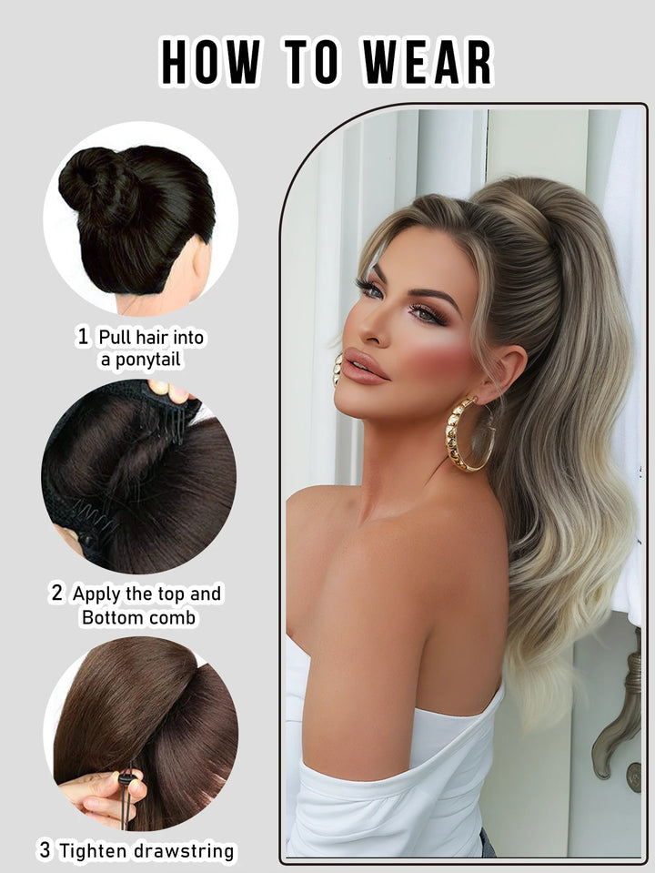 Madeline Brown 28-Inch Curly Synthetic Hair Wig with Steel Prongs Gold Adjustable Size Ponytail Black with Gold Adjustable Size