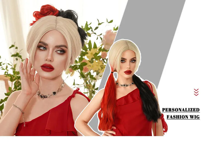 Red and black costume wig with pigtail braids, perfect for cosplay, Halloween, or drag queen looks inspired by the Crazy Bride character from Suicide Squad. Made with synthetic hair.