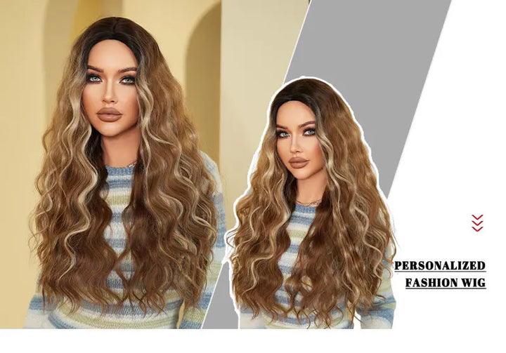 Copper Orange Synthetic Long Water Wave Wig for Women 28 Inch Middle Part Hair Wig Pelucas