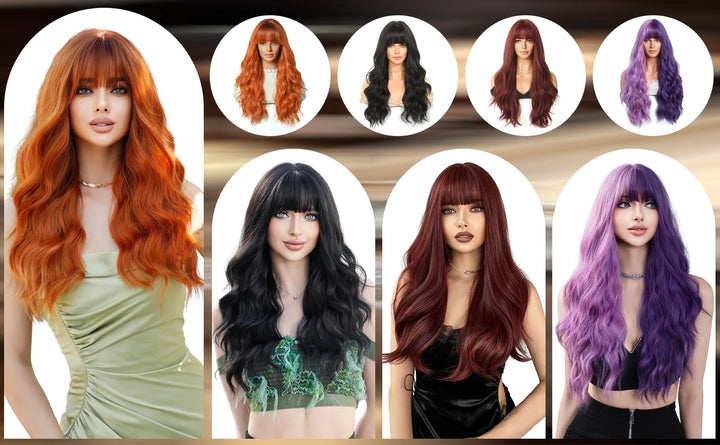 Copper Orange Wig Long Curly Synthetic Hair Wig for Women White Curly Water Wavy Hair Wig with Bangs for Christmas Party Cosplay.