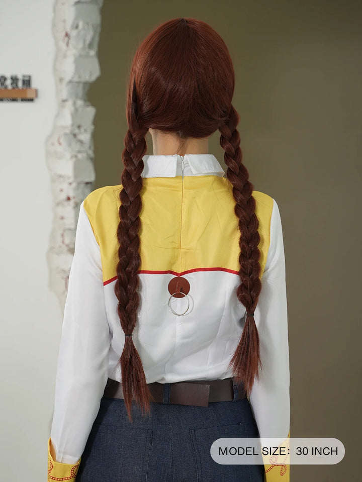 Brown braided wig for costumes, cosplay, Halloween, and drag queen looks. Features natural-looking braids in a pigtail style.