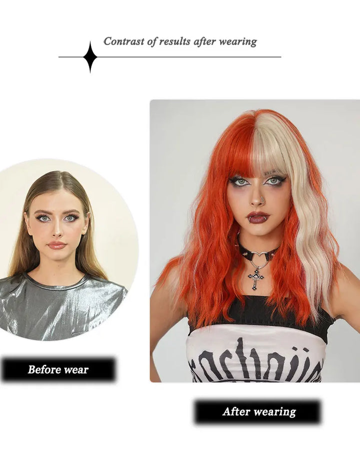 Blond orange synthetic hair shoulder-length wavy wig made from heat-resistant fiber. Perfect for cosplay.