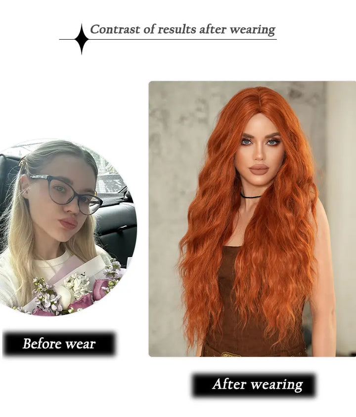 Copper Orange Synthetic Long Water Wave Wig for Women 28 Inch Middle Part Hair Wig Pelucas