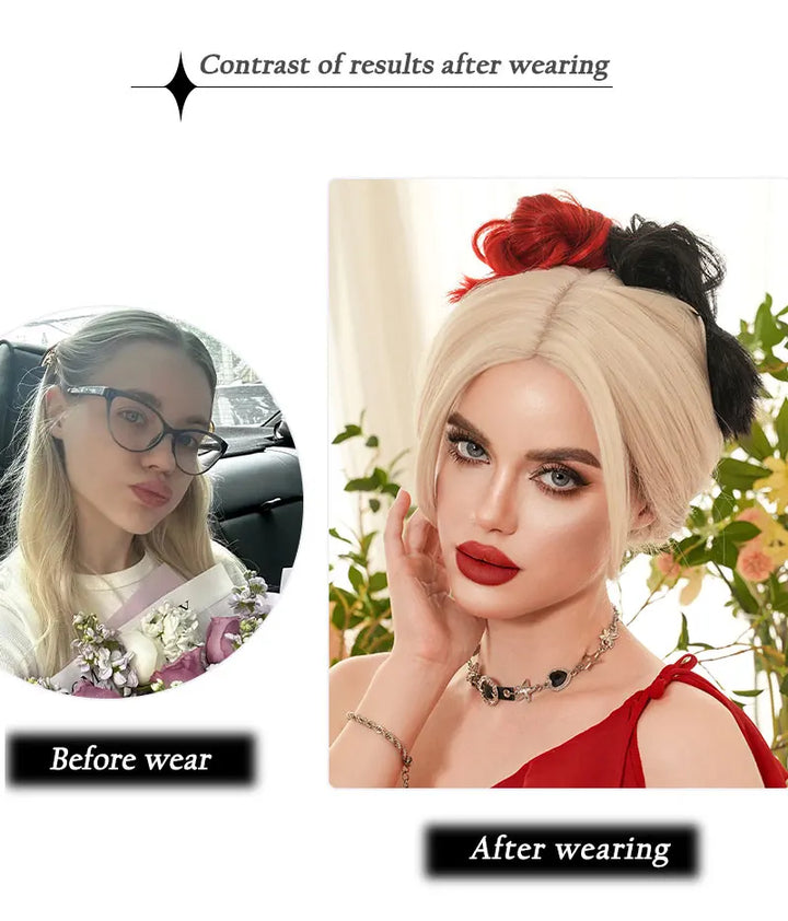 Red and black costume wig with pigtail braids, perfect for cosplay, Halloween, or drag queen looks inspired by the Crazy Bride character from Suicide Squad. Made with synthetic hair.