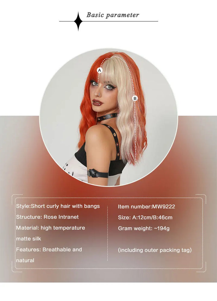 Blond orange synthetic hair shoulder-length wavy wig made from heat-resistant fiber. Perfect for cosplay.