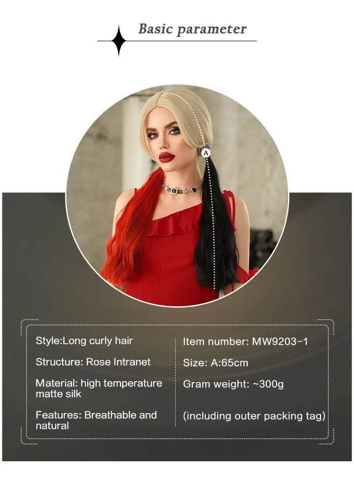 Red and black costume wig with pigtail braids, perfect for cosplay, Halloween, or drag queen looks inspired by the Crazy Bride character from Suicide Squad. Made with synthetic hair.