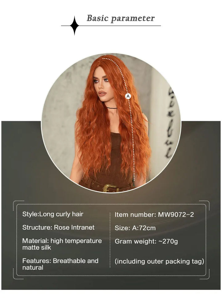 Copper Orange Synthetic Long Water Wave Wig for Women 28 Inch Middle Part Hair Wig Pelucas