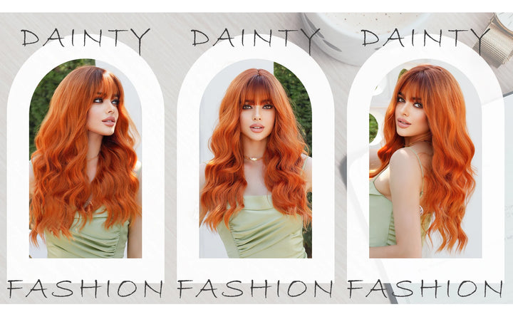 Copper Orange Wig Long Curly Synthetic Hair Wig for Women White Curly Water Wavy Hair Wig with Bangs for Christmas Party Cosplay.