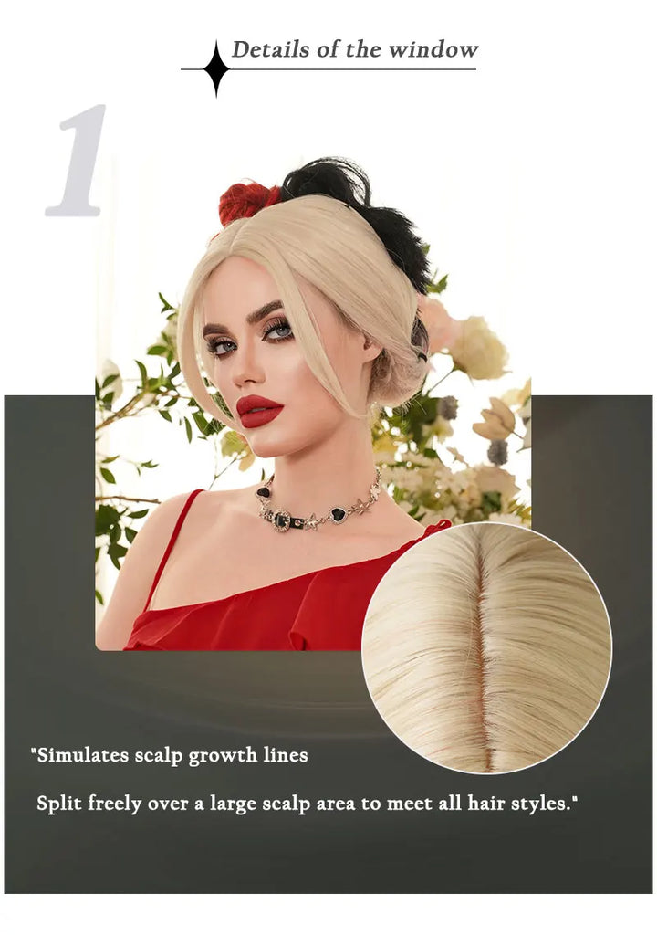 Red and black costume wig with pigtail braids, perfect for cosplay, Halloween, or drag queen looks inspired by the Crazy Bride character from Suicide Squad. Made with synthetic hair.