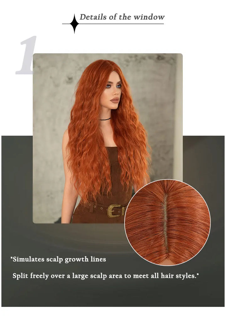 Copper Orange Synthetic Long Water Wave Wig for Women 28 Inch Middle Part Hair Wig Pelucas