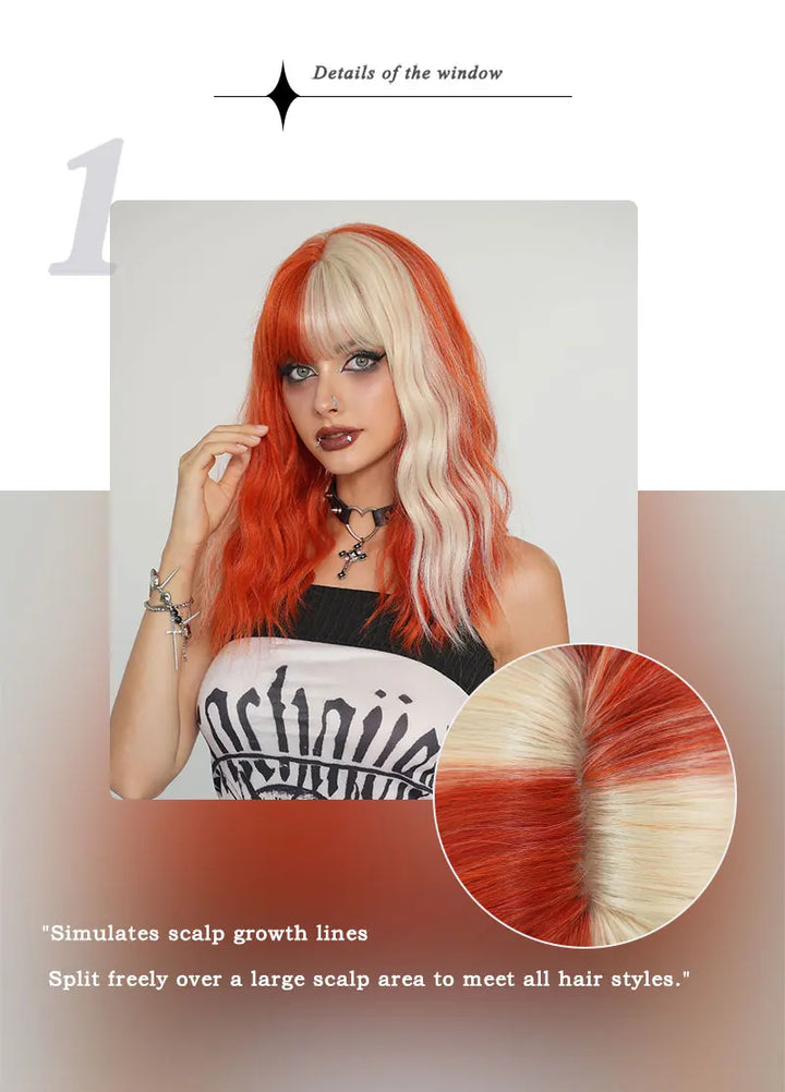 Blond orange synthetic hair shoulder-length wavy wig made from heat-resistant fiber. Perfect for cosplay.