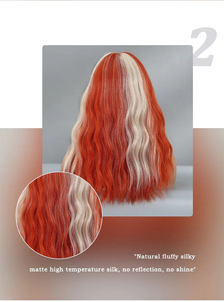 Blond orange synthetic hair shoulder-length wavy wig made from heat-resistant fiber. Perfect for cosplay.