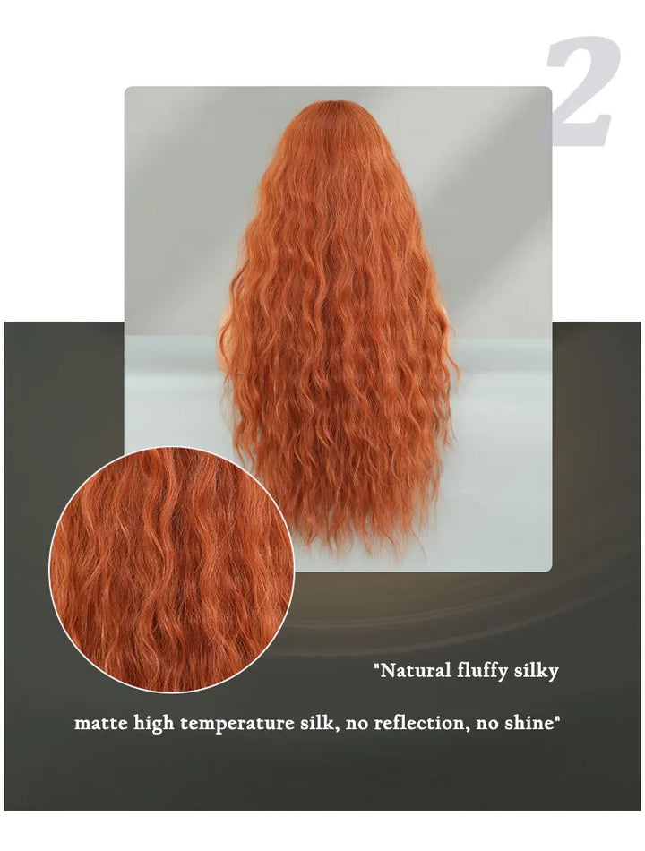Copper Orange Synthetic Long Water Wave Wig for Women 28 Inch Middle Part Hair Wig Pelucas