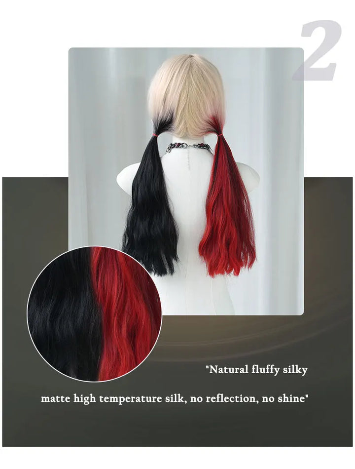 Red and black costume wig with pigtail braids, perfect for cosplay, Halloween, or drag queen looks inspired by the Crazy Bride character from Suicide Squad. Made with synthetic hair.