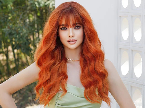 Copper Orange Wig Long Curly Synthetic Hair Wig for Women White Curly Water Wavy Hair Wig with Bangs for Christmas Party Cosplay.
