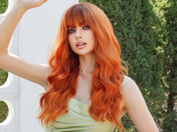Copper Orange Wig Long Curly Synthetic Hair Wig for Women White Curly Water Wavy Hair Wig with Bangs for Christmas Party Cosplay.