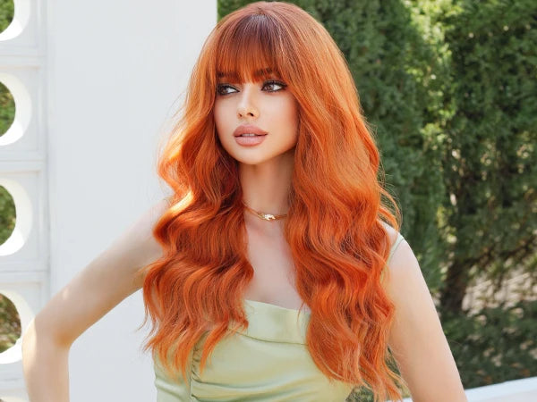 Copper Orange Wig Long Curly Synthetic Hair Wig for Women White Curly Water Wavy Hair Wig with Bangs for Christmas Party Cosplay.