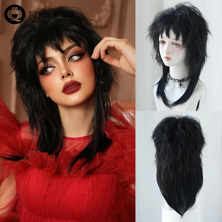 Red and black costume wig with pigtail braids, perfect for cosplay, Halloween, or drag queen looks inspired by the Crazy Bride character from Suicide Squad. Made with synthetic hair.