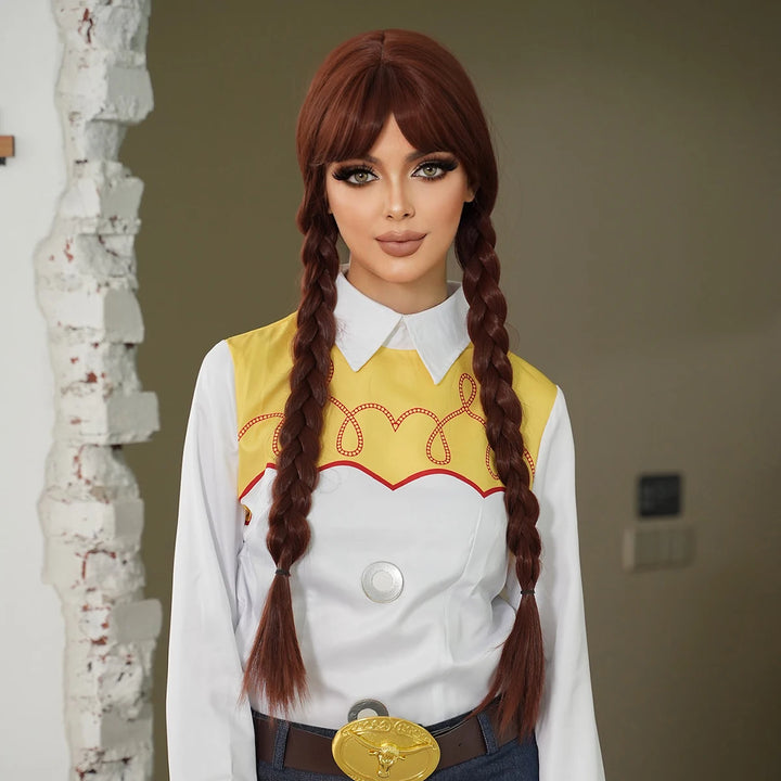 Brown braided wig for costumes, cosplay, Halloween, and drag queen looks. Features natural-looking braids in a pigtail style.