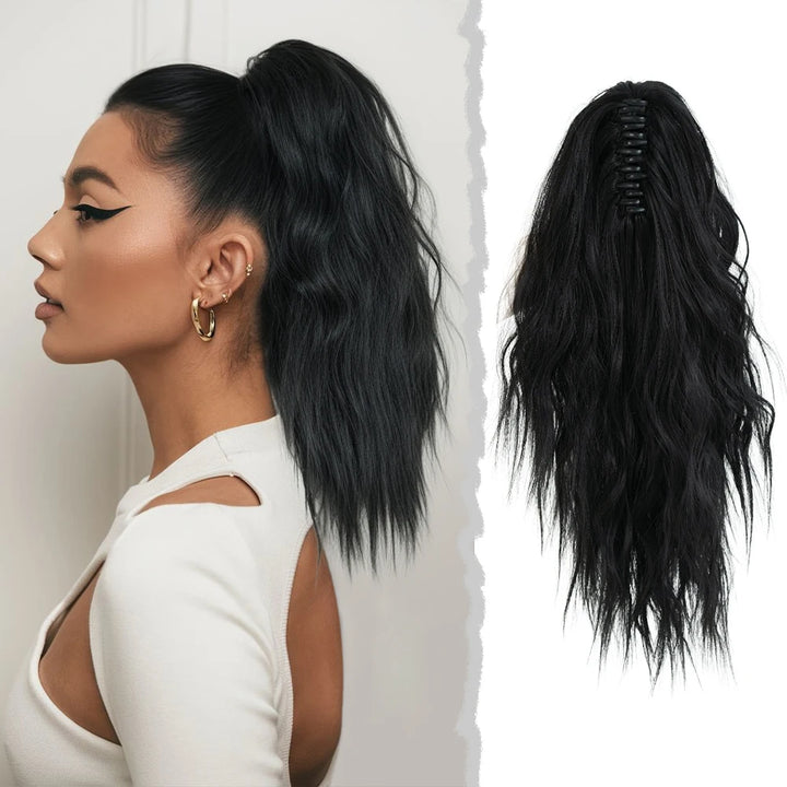 Adjustable 18-Inch Black Curly Ponytail Wig for Women with Synthetic Hair and Wig Clips