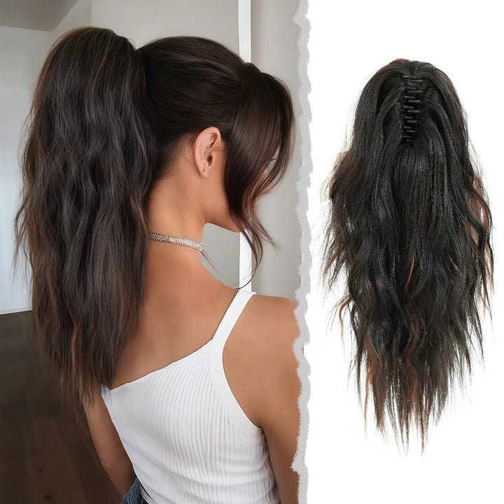 18 Inch Women's Lilac Highlight Natural Wave Drawstring Adjustable Size Black Synthetic Hair Beige Clip Portable Easy Ponytail