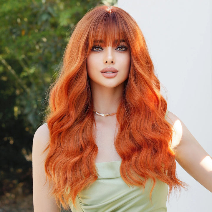 Copper Orange Wig Long Curly Synthetic Hair Wig for Women White Curly Water Wavy Hair Wig with Bangs for Christmas Party Cosplay.