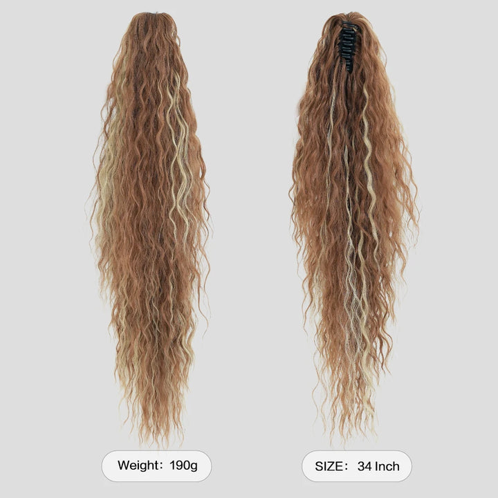 34 Inch Women's Black Synthetic Deep Wave & Water Wave Adjustable Size Ponytail Wig with Clip in