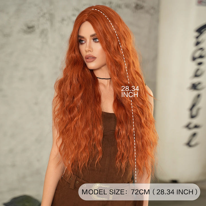 Copper Orange Synthetic Long Water Wave Wig for Women 28 Inch Middle Part Hair Wig Pelucas