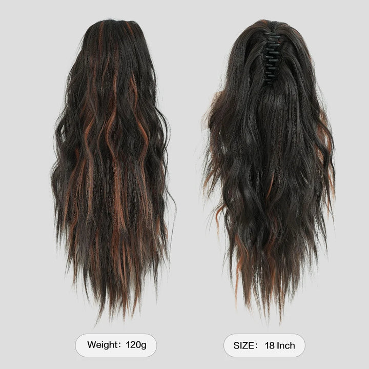 18 Inch Women's Lilac Highlight Natural Wave Drawstring Adjustable Size Black Synthetic Hair Beige Clip Portable Easy Ponytail