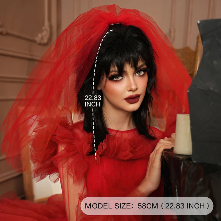 Red and black costume wig with pigtail braids, perfect for cosplay, Halloween, or drag queen looks inspired by the Crazy Bride character from Suicide Squad. Made with synthetic hair.