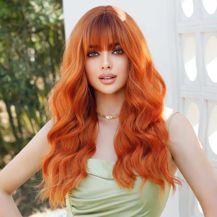 Copper Orange Wig Long Curly Synthetic Hair Wig for Women White Curly Water Wavy Hair Wig with Bangs for Christmas Party Cosplay.