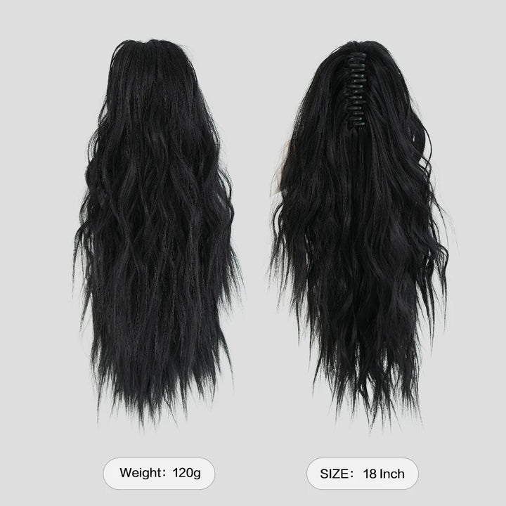 Adjustable 18-Inch Black Curly Ponytail Wig for Women with Synthetic Hair and Wig Clips