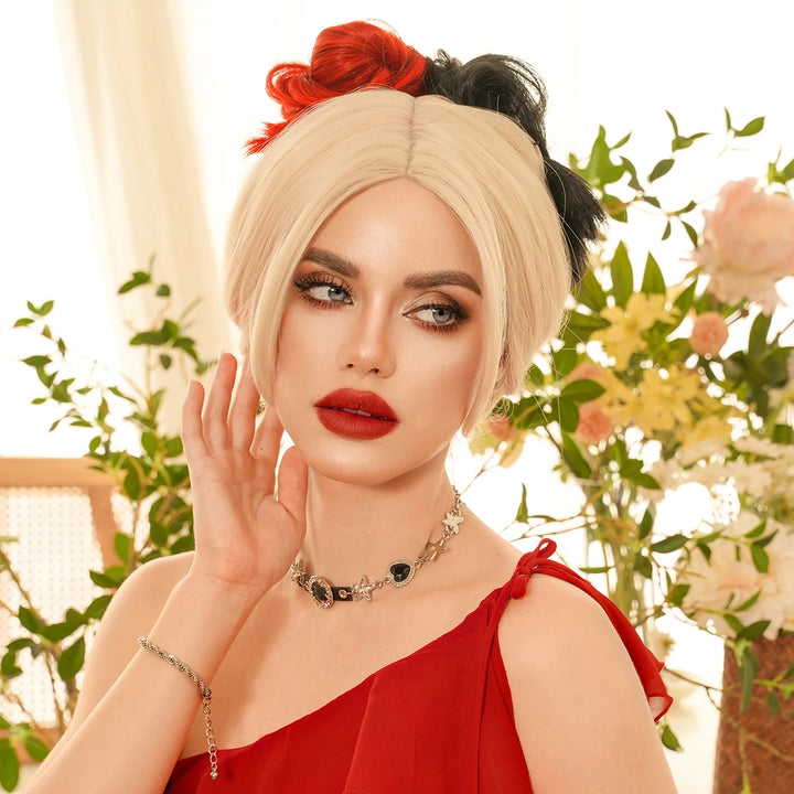 Red and black costume wig with pigtail braids, perfect for cosplay, Halloween, or drag queen looks inspired by the Crazy Bride character from Suicide Squad. Made with synthetic hair.