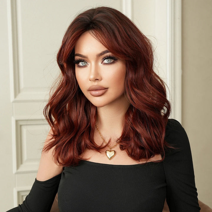 Blond orange synthetic hair shoulder-length wavy wig made from heat-resistant fiber. Perfect for cosplay.