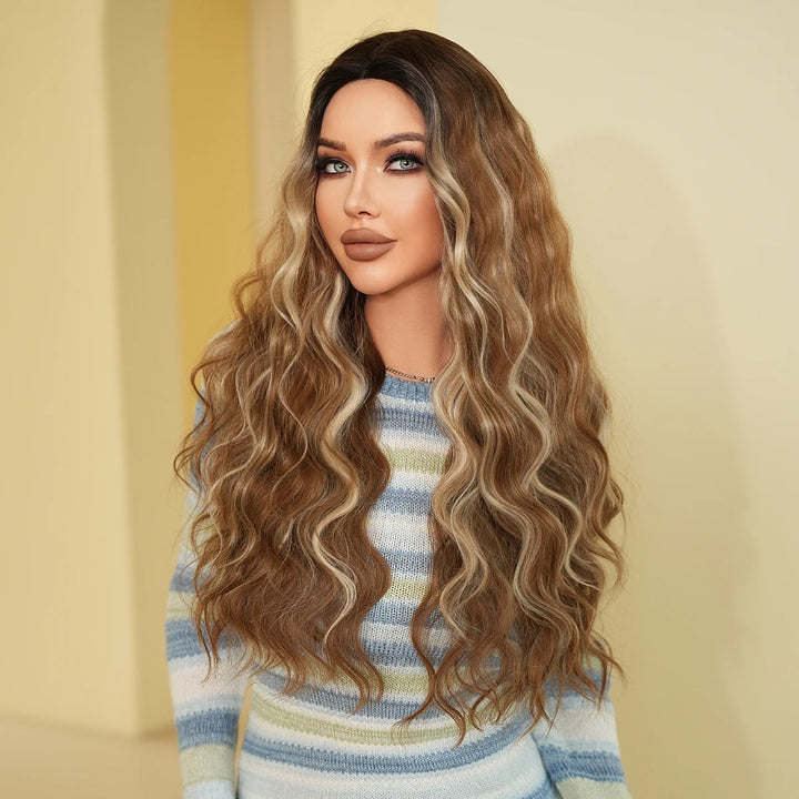 Copper Orange Synthetic Long Water Wave Wig for Women 28 Inch Middle Part Hair Wig Pelucas