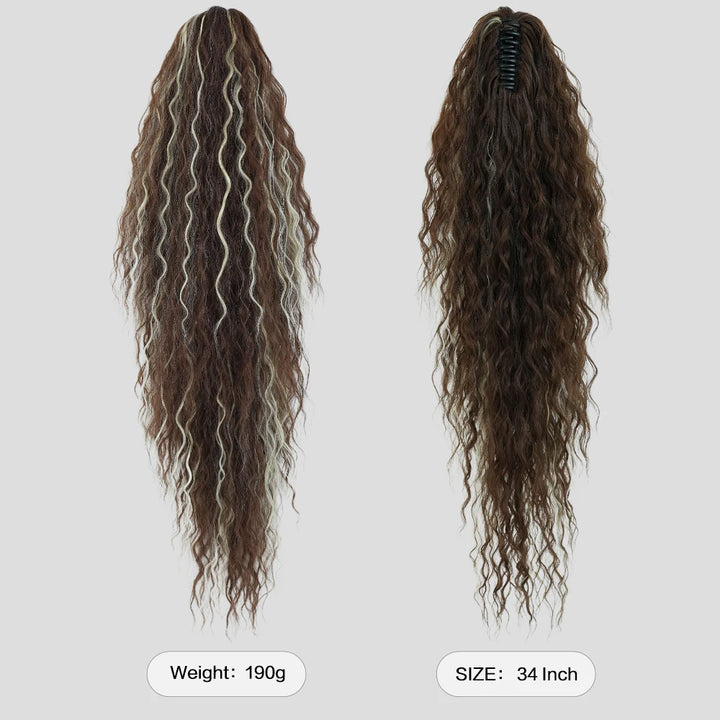 34 Inch Women's Black Synthetic Deep Wave & Water Wave Adjustable Size Ponytail Wig with Clip in