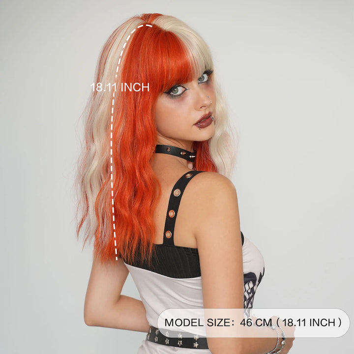 Blond orange synthetic hair shoulder-length wavy wig made from heat-resistant fiber. Perfect for cosplay.