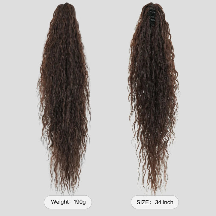 34 Inch Women's Black Synthetic Deep Wave & Water Wave Adjustable Size Ponytail Wig with Clip in