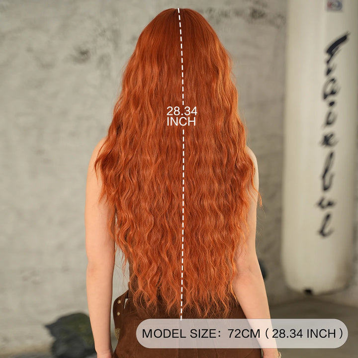 Copper Orange Synthetic Long Water Wave Wig for Women 28 Inch Middle Part Hair Wig Pelucas
