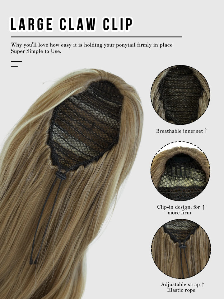 Madeline Brown 28-Inch Curly Synthetic Hair Wig with Steel Prongs Gold Adjustable Size Ponytail Black with Gold Adjustable Size