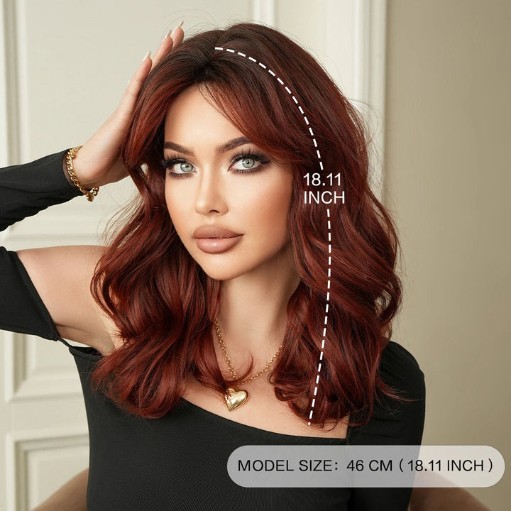 Blond orange synthetic hair shoulder-length wavy wig made from heat-resistant fiber. Perfect for cosplay.