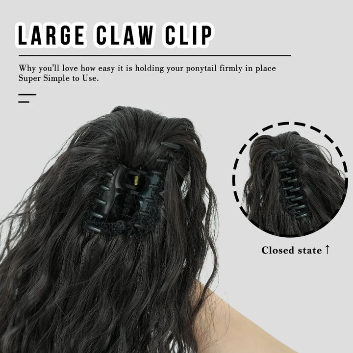 34 Inch Women's Black Synthetic Deep Wave & Water Wave Adjustable Size Ponytail Wig with Clip in