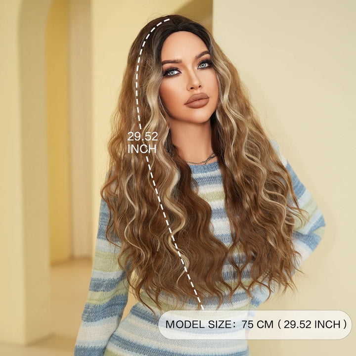 Copper Orange Synthetic Long Water Wave Wig for Women 28 Inch Middle Part Hair Wig Pelucas