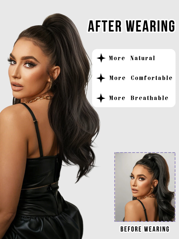 Black Hair Extensions 28 Inch Clip in Wig Adjustable Size Curly Ponytail Synthetic Hair Extension Set Black with Steel Prongs