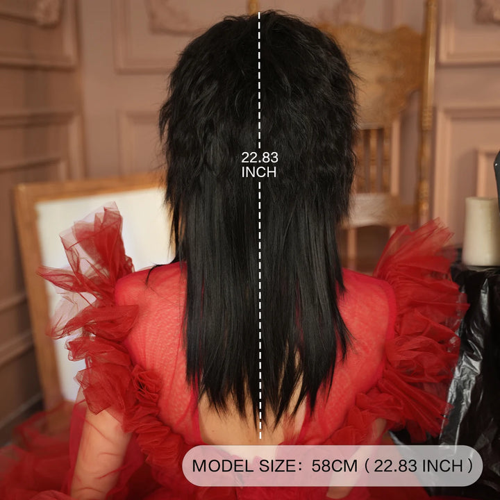 Red and black costume wig with pigtail braids, perfect for cosplay, Halloween, or drag queen looks inspired by the Crazy Bride character from Suicide Squad. Made with synthetic hair.
