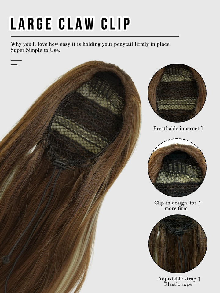 Van Dyke Brown Hair Extensions 28 Inch Clip-In Wig Adjustable Size Curly Ponytail Synthetic Hair Pack Black with Steel Prongs