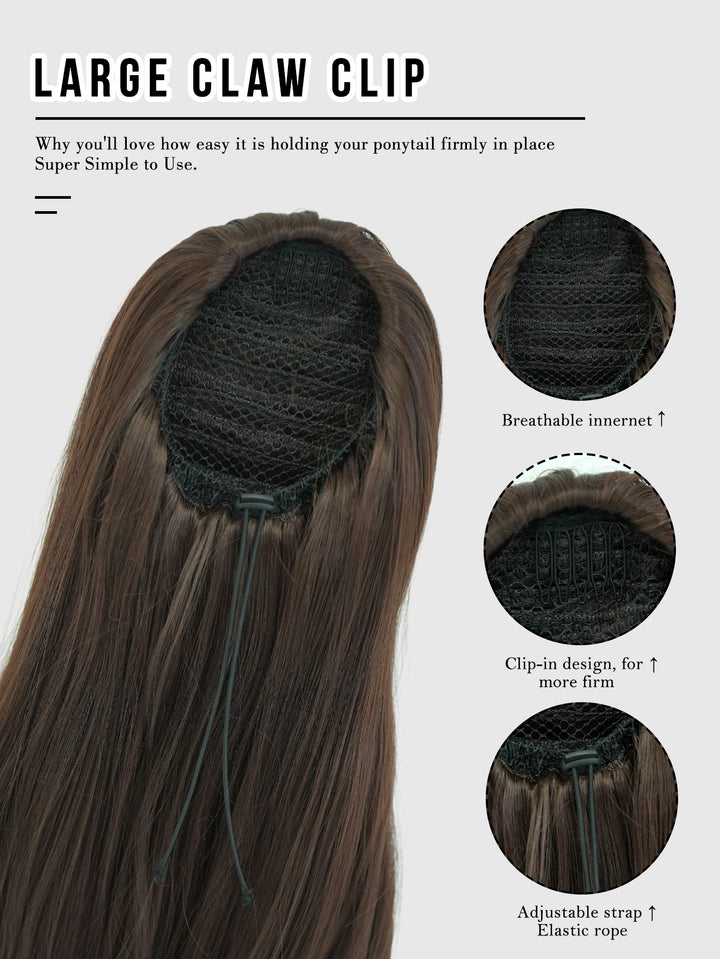 Van Dyke Brown Hair Extensions 28 Inch Clip-In Wig Adjustable Size Curly Ponytail Synthetic Hair Pack Black with Steel Prongs